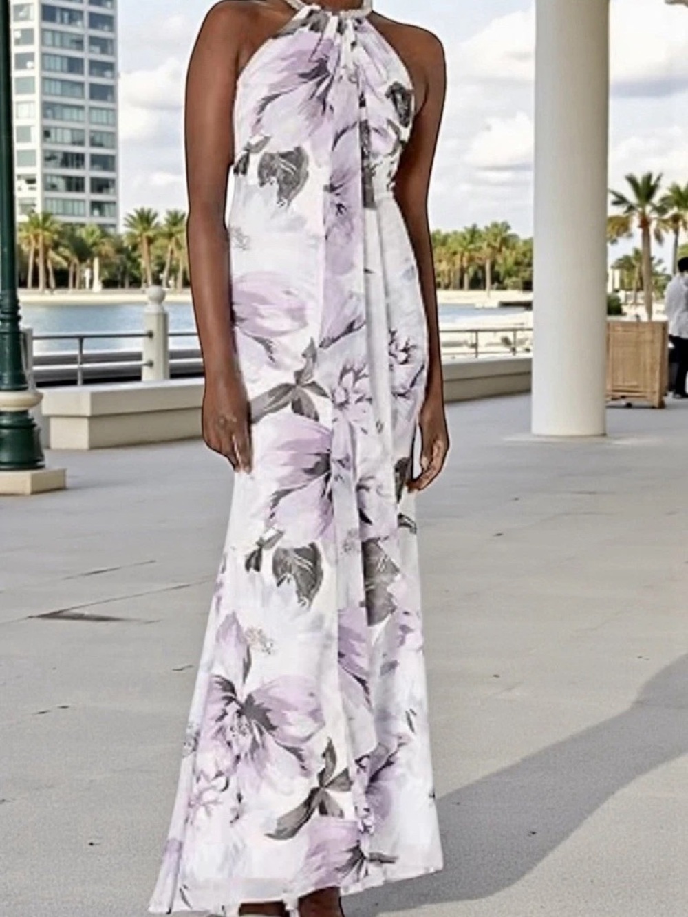 Calvin Klein Halter-Neck Lavender Floral Maxi Dress